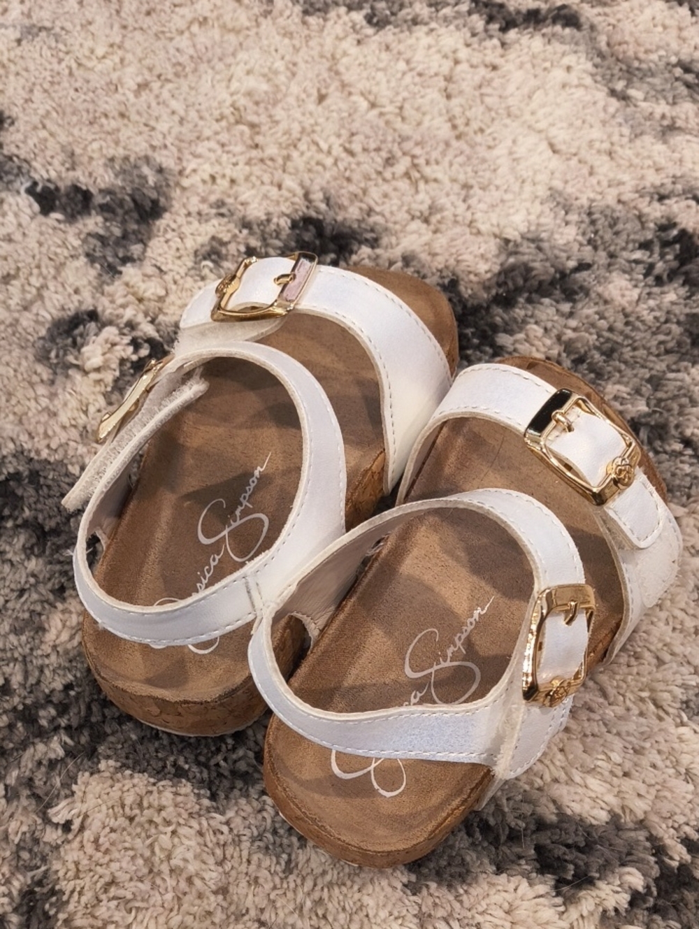 Jessica Simpson Kids White Sandals with Gold Buckles and Cork Footbed